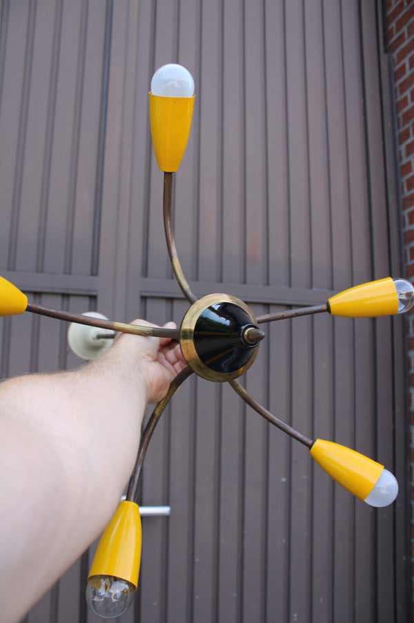 Mid century stilnovo design spider 5 arm chandelier yellow 1960