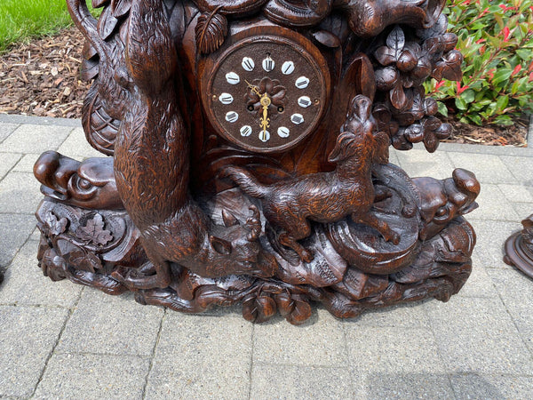 Majestical XXL BLACK FOREST wood carved clock mantel set hunting dog candelabras