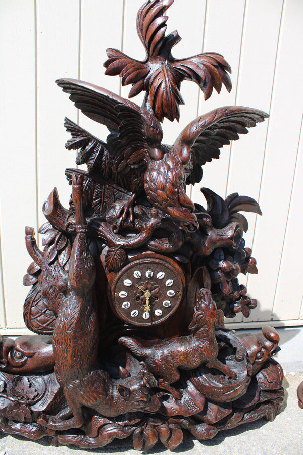 Majestical XXL BLACK FOREST wood carved clock mantel set hunting dog candelabras