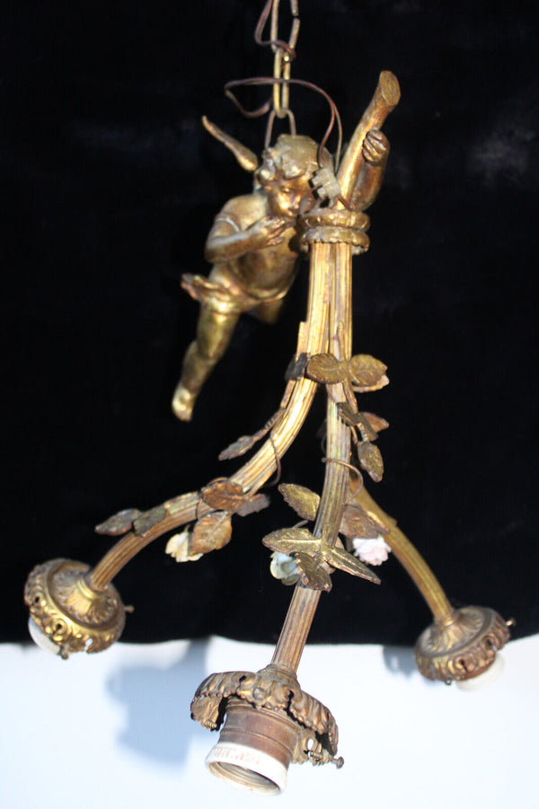 Antique french bronze putti angel chandelier 3 arm pendant lamp porcelain flower
