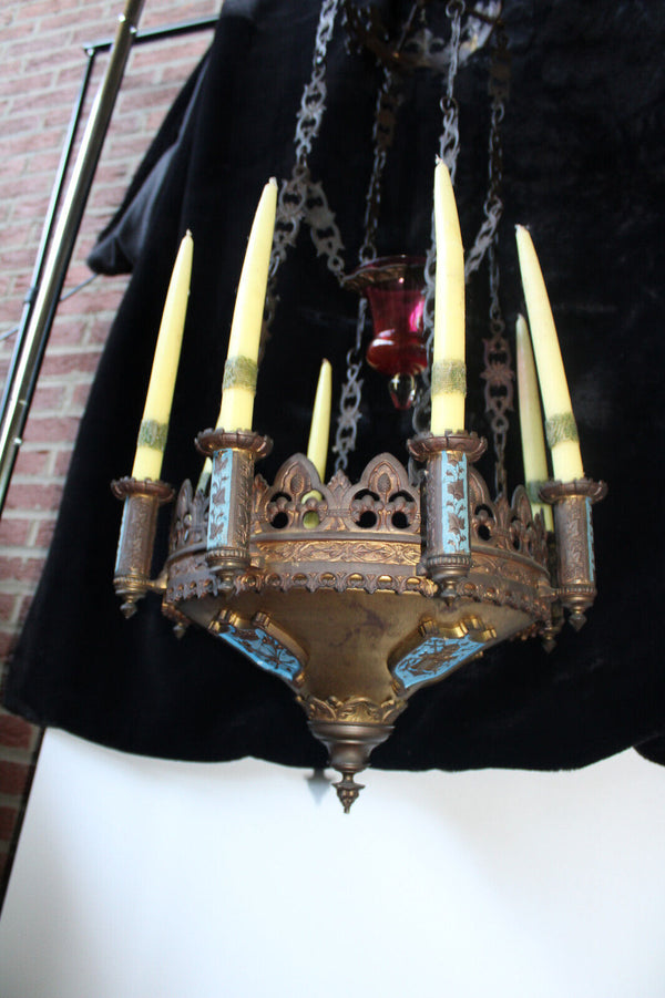 Antique 19thc church sanctuary Enamel Candle chandelier lamp neo-gothic rare