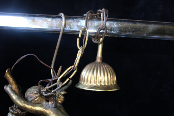 Antique french bronze putti angel chandelier 3 arm pendant lamp porcelain flower
