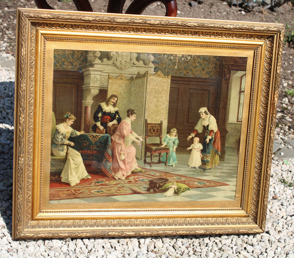 Antique litho romantic scene behind glass wall frame painting
