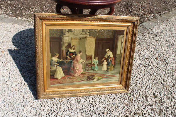 Antique litho romantic scene behind glass wall frame painting