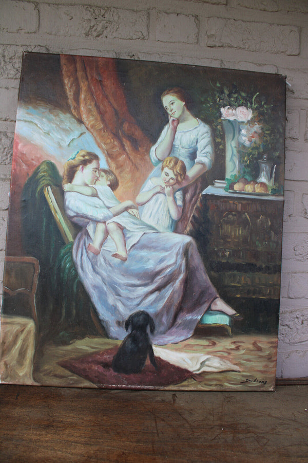 Vintage flemish school gaston quidousse oil canvas painting baby girl dog