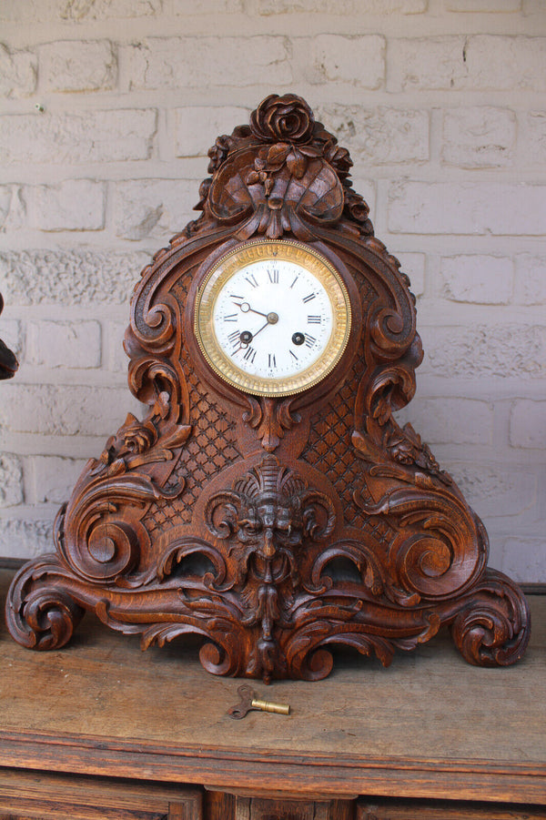 Antique Black forest wood carved mantel clock set fruit devil decor rare 19thc