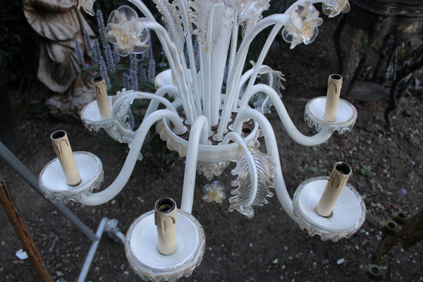Murano hand blown glass 6 arms chandelier white gold accent 1970s
