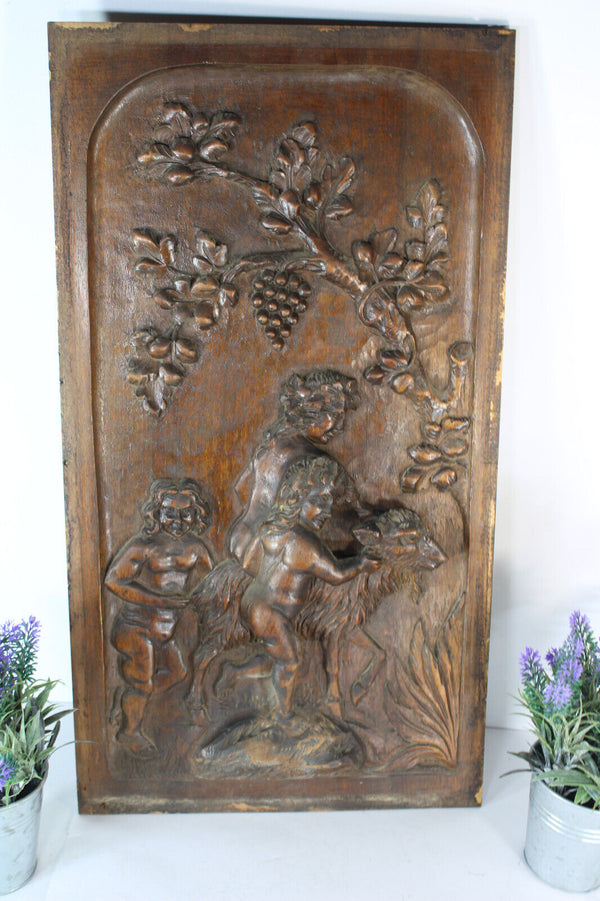 Antique wood carved panel putti cherub goat animal relief decor