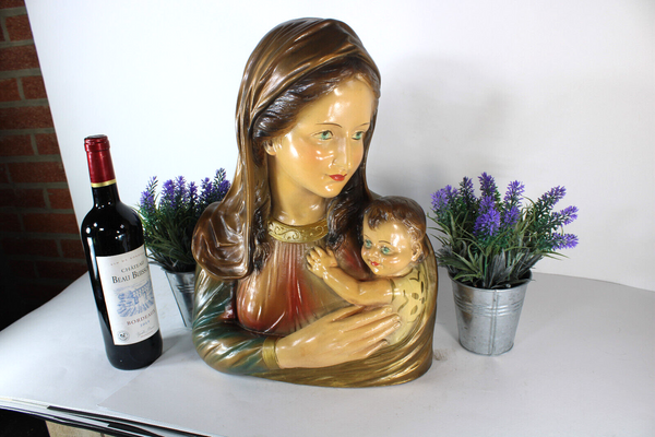 Antique art deco ceramic chalk bust statue madonna child religious