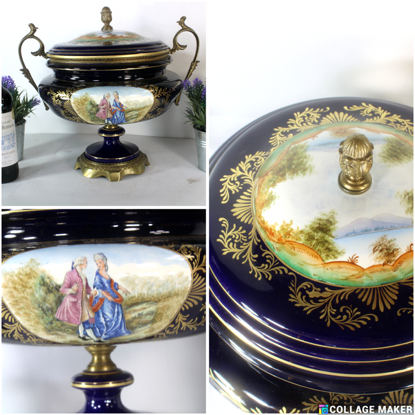 XL Cobalt limoges porcelain Centerpiece bowl victorian scene