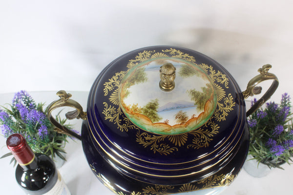 XL Cobalt limoges porcelain Centerpiece bowl victorian scene