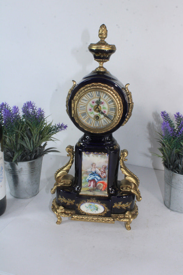 ACF sevres cobalt blue porcelain victorian mantel clock marked