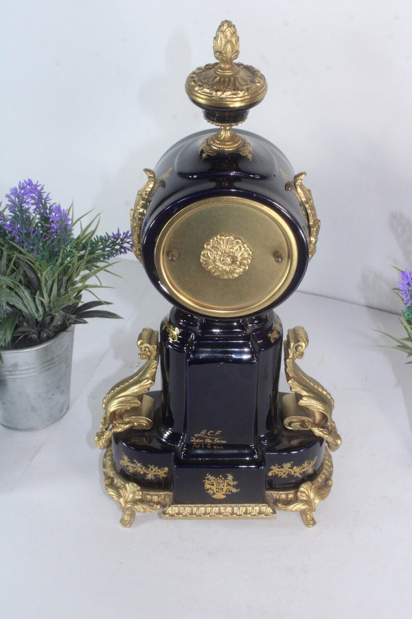 ACF sevres cobalt blue porcelain victorian mantel clock marked