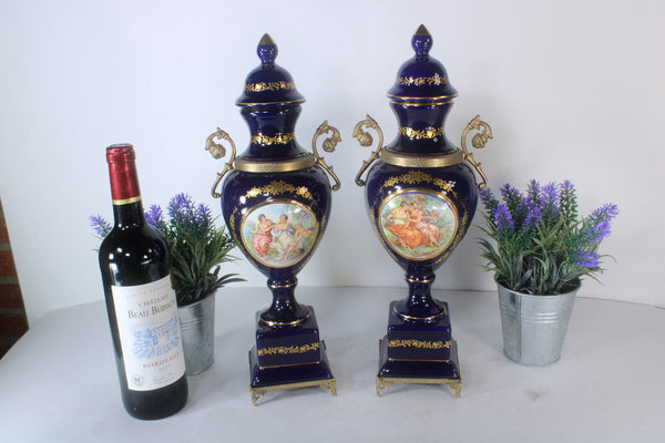 PAIR Cobalt blue porcelain victorian scene Vases