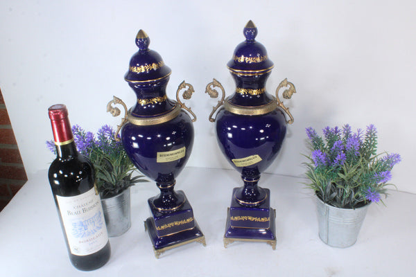 PAIR Cobalt blue porcelain victorian scene Vases