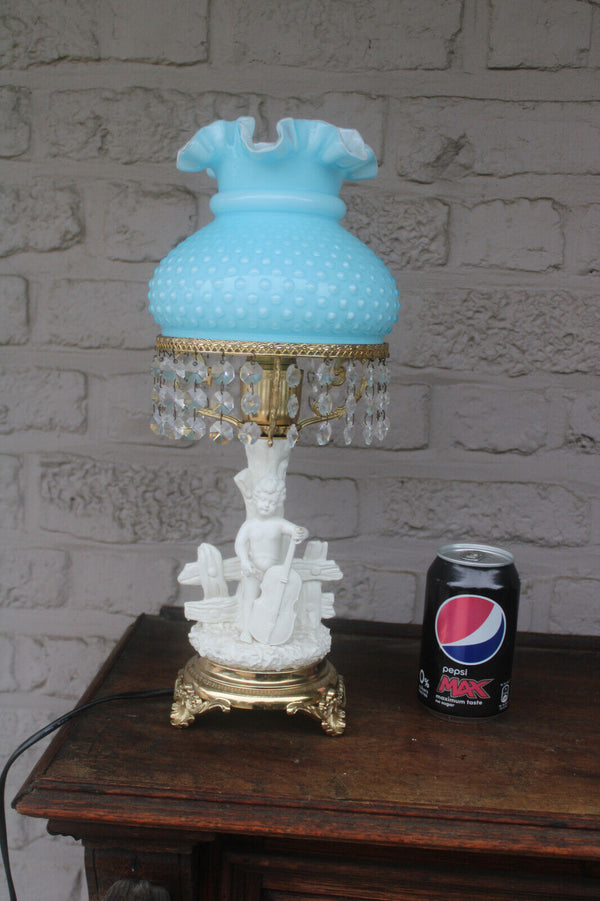 Vintage white porcelain figural lamp turquoise glass shade