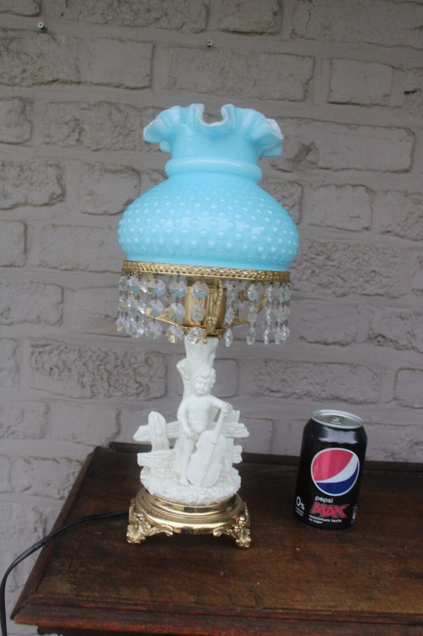 Vintage white porcelain figural lamp turquoise glass shade