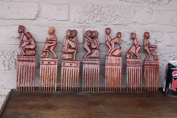 7 African Tanganyika hair comb wood carved erotic kamasutra