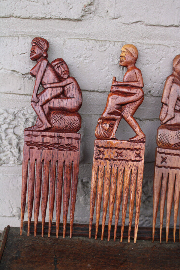 7 African Tanganyika hair comb wood carved erotic kamasutra