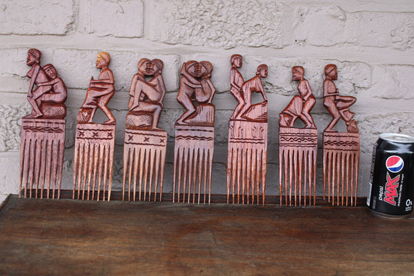 7 African Tanganyika hair comb wood carved erotic kamasutra