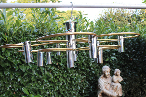 Vintage 12 arm Chrome brass Sciolari design chandelier 1970s mid century