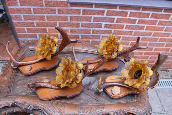 SET 4 hunting cabin theme wall lights sconces amber glass shades 1950s