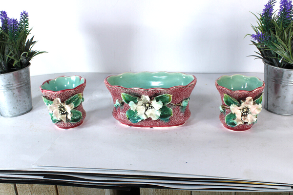 antique barbotine majolica set 3 vases floral decor