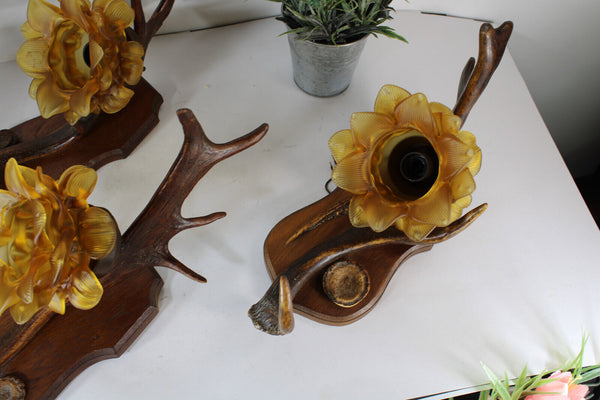 SET 4 hunting cabin theme wall lights sconces amber glass shades 1950s