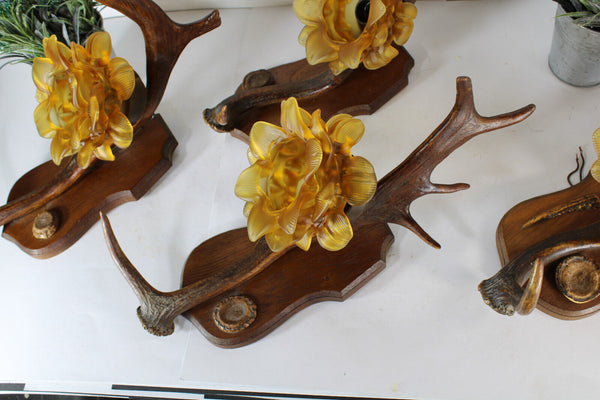 SET 4 hunting cabin theme wall lights sconces amber glass shades 1950s