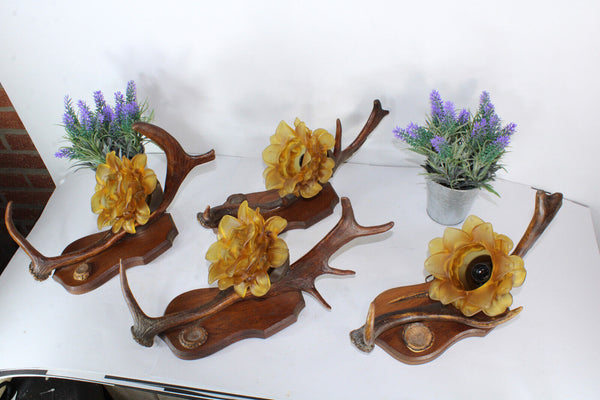 SET 4 hunting cabin theme wall lights sconces amber glass shades 1950s