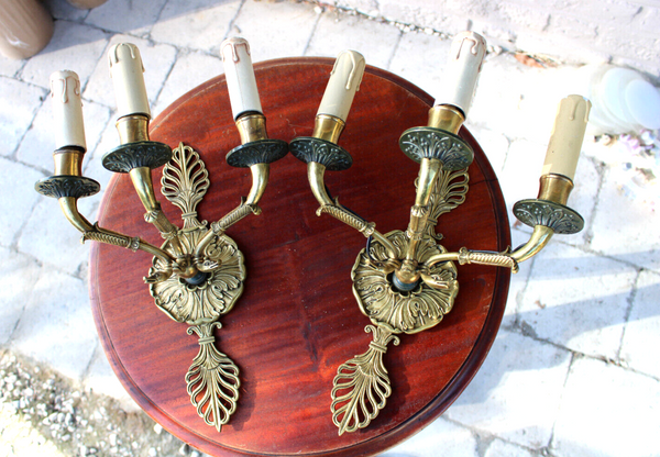 PAIR French brass 3 arm Wall lights sconces swan empire design