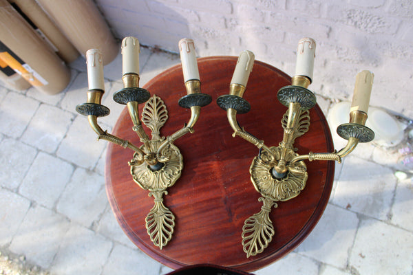 PAIR French brass 3 arm Wall lights sconces swan empire design