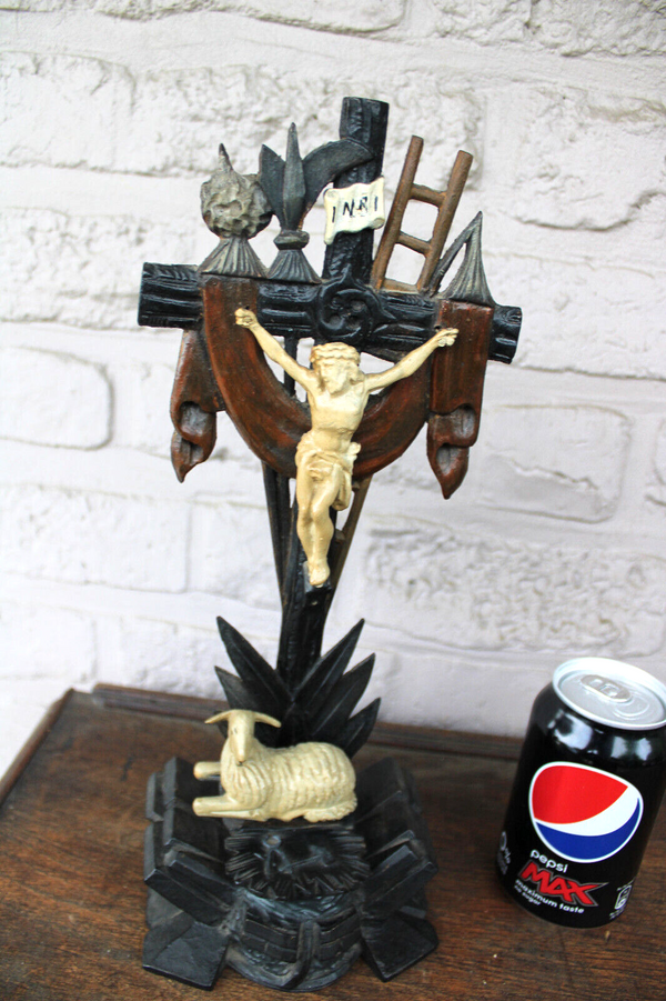 Antique French agnus dei lamp crucifix wood carved cross religious