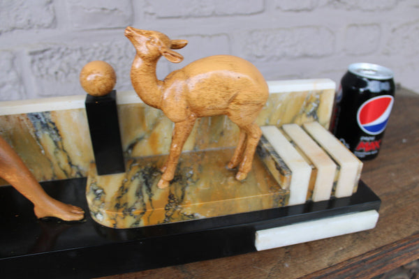 Antique art deco spelter metal marble base lady deer animal sculpture statue