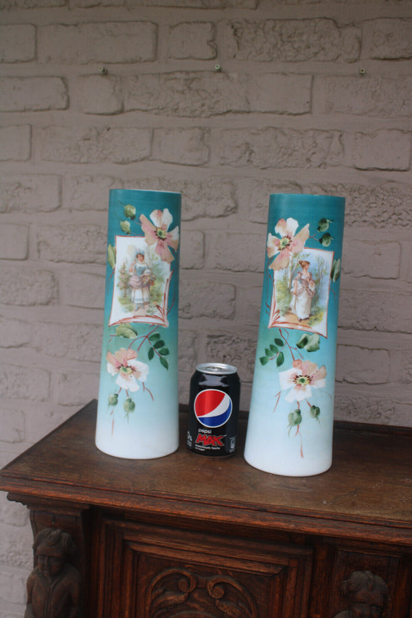 PAIR antique opaline glass vases portrait lady