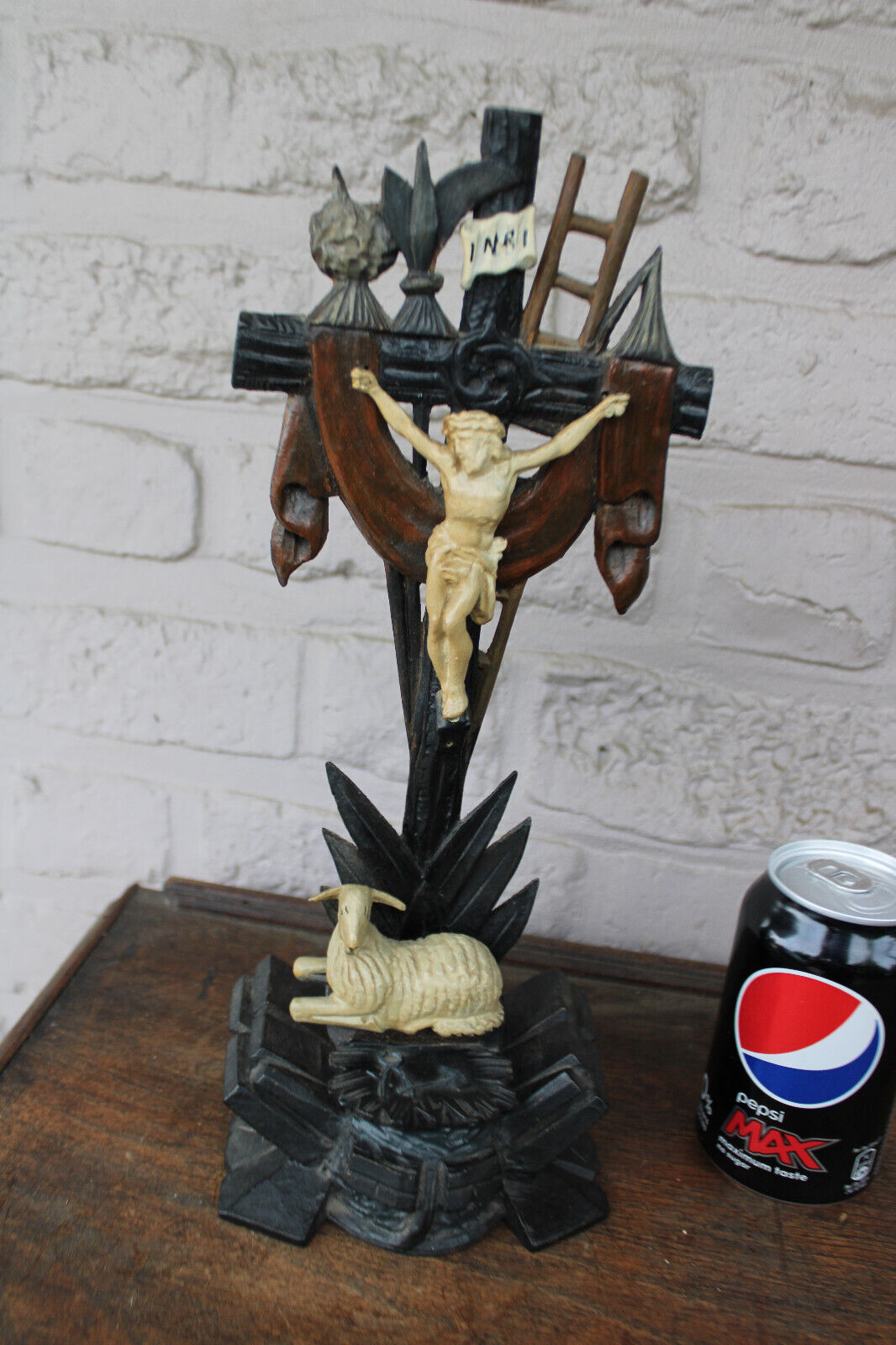 Antique French agnus dei lamp crucifix wood carved cross religious | FF ...