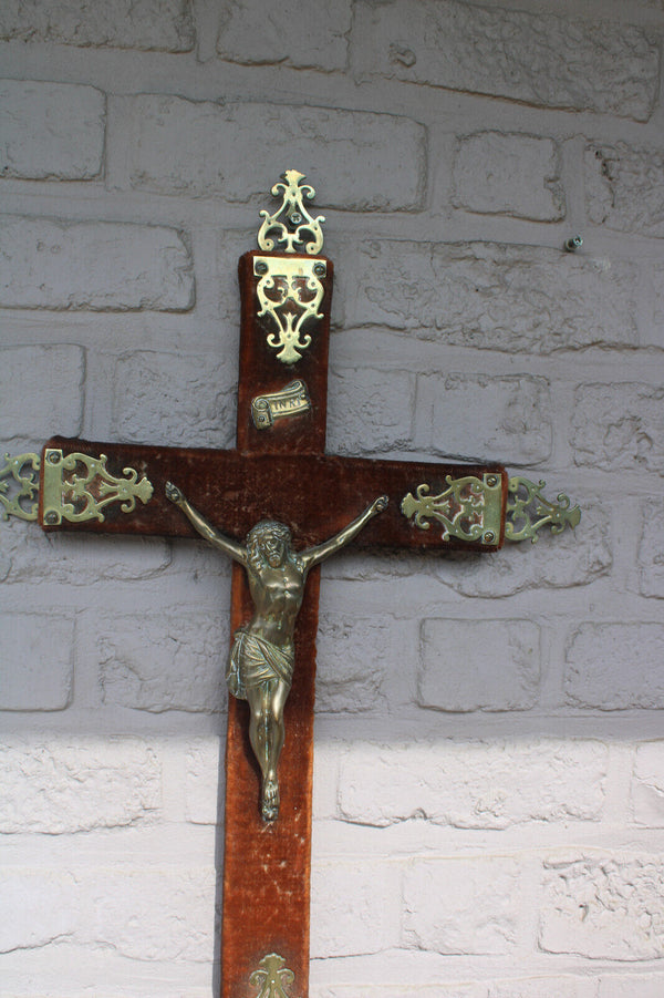 Antique 19thc french brass wood velvet wall crucifix religious