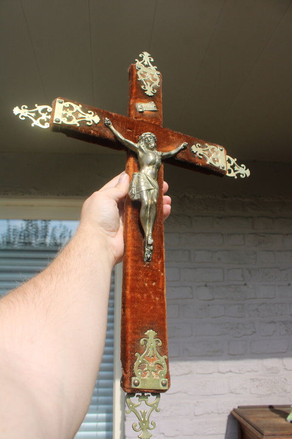 Antique 19thc french brass wood velvet wall crucifix religious