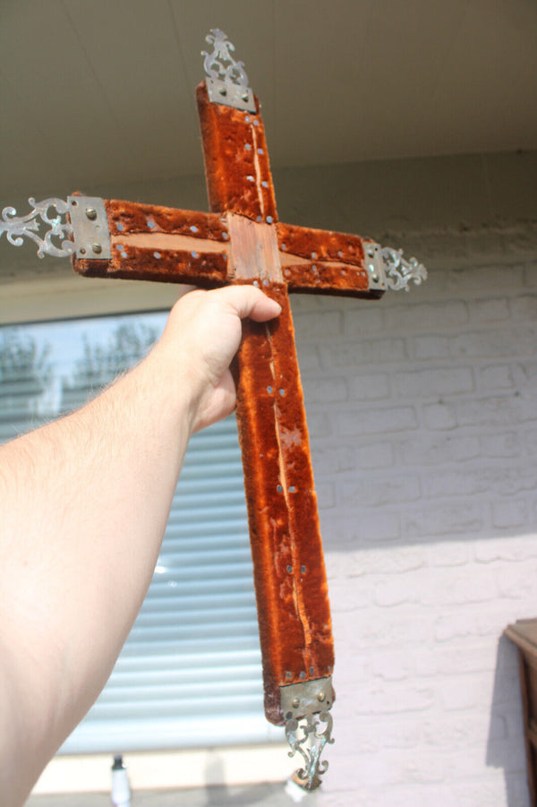 Antique 19thc french brass wood velvet wall crucifix religious