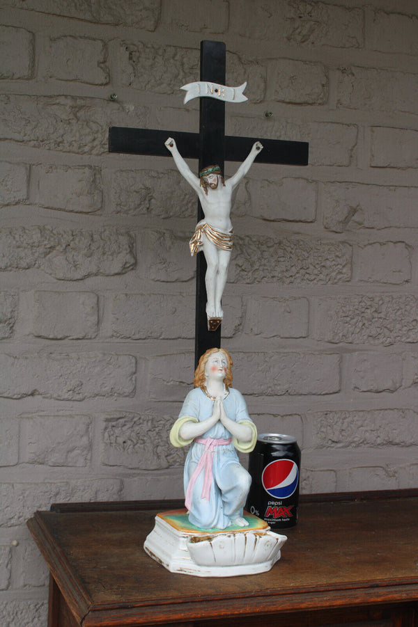 Antique vieux andenne bisque porcelain angel crucifix holy water font belgian
