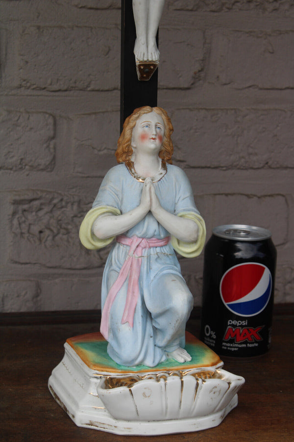Antique vieux andenne bisque porcelain angel crucifix holy water font belgian