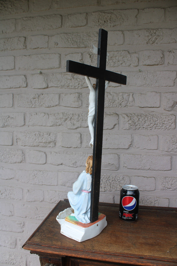 Antique vieux andenne bisque porcelain angel crucifix holy water font belgian