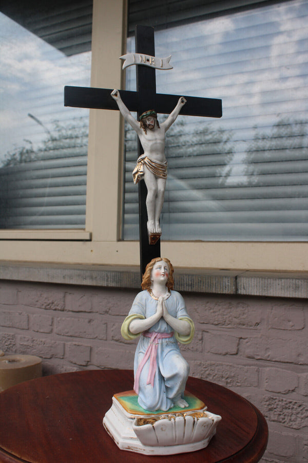 Antique vieux andenne bisque porcelain angel crucifix holy water font belgian