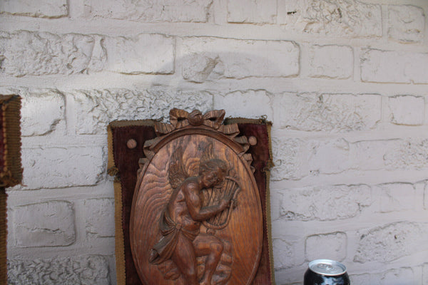 PAIR antique wood carved putti angel musician figural wall panel plaque velvet