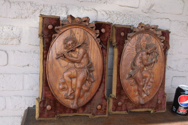 PAIR antique wood carved putti angel musician figural wall panel plaque velvet