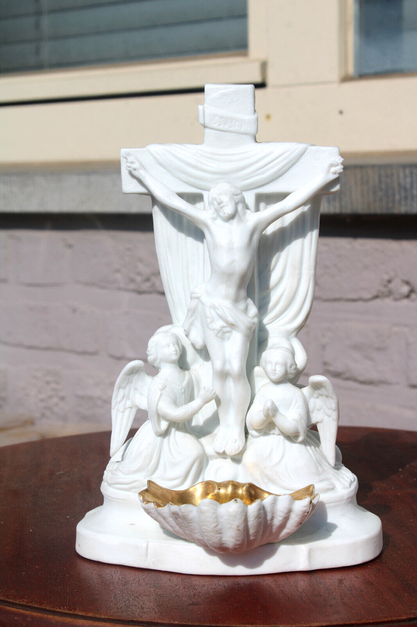 Antique Vieux paris porcelain 19thc angels crucifix  holy water font religious