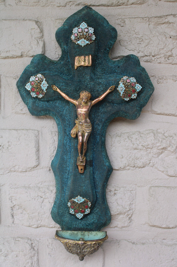 Antique French cloisonne enamel velvet crucifix holy water font religious