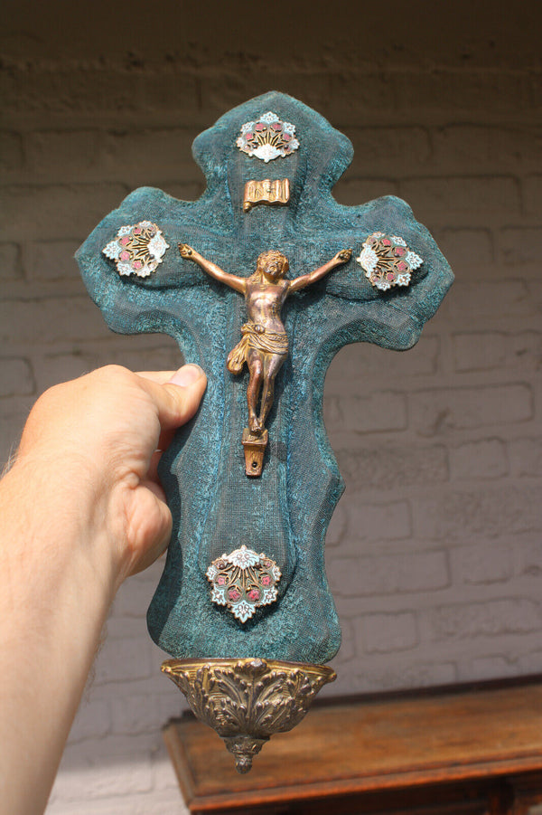Antique French cloisonne enamel velvet crucifix holy water font religious