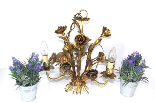 Hollywood regency 1970 metal gold gilt floral chandelier