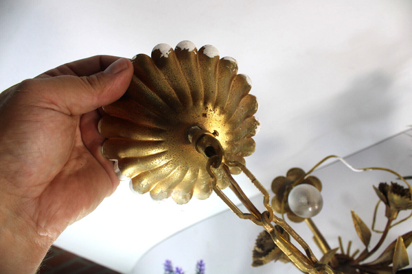 Hollywood regency 1970 metal gold gilt floral chandelier
